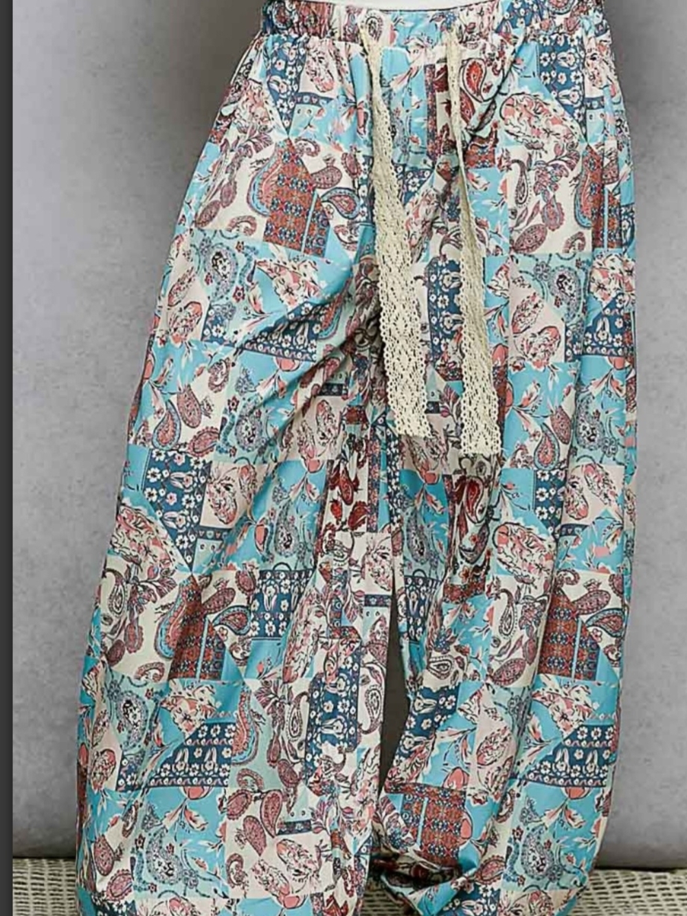 POL NWOT Boho Patchwork Print Paisley Elastic Waist Wide-Leg Pants in Aqua Small